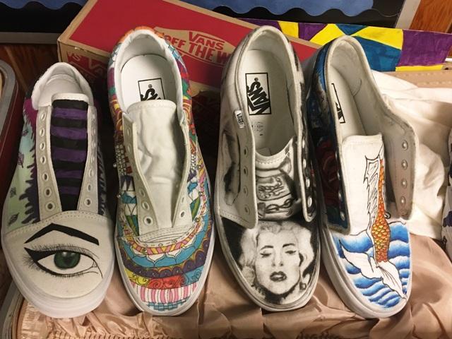2 on the left are art shoes done be Kelly Stilwell and art shoes on the right
