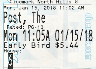 The Post movie ticket from January 15, 2018